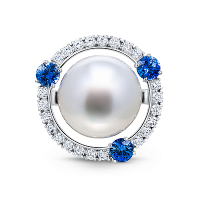 Кольцо с жемчугом Южных морей, синими сапфирами и бриллиантами