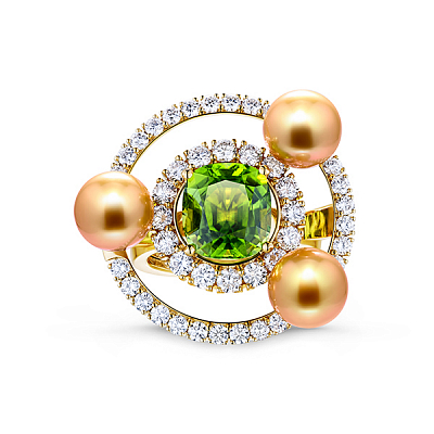 Кольцо с золотым жемчугом Южных морей, оливином и бриллиантами